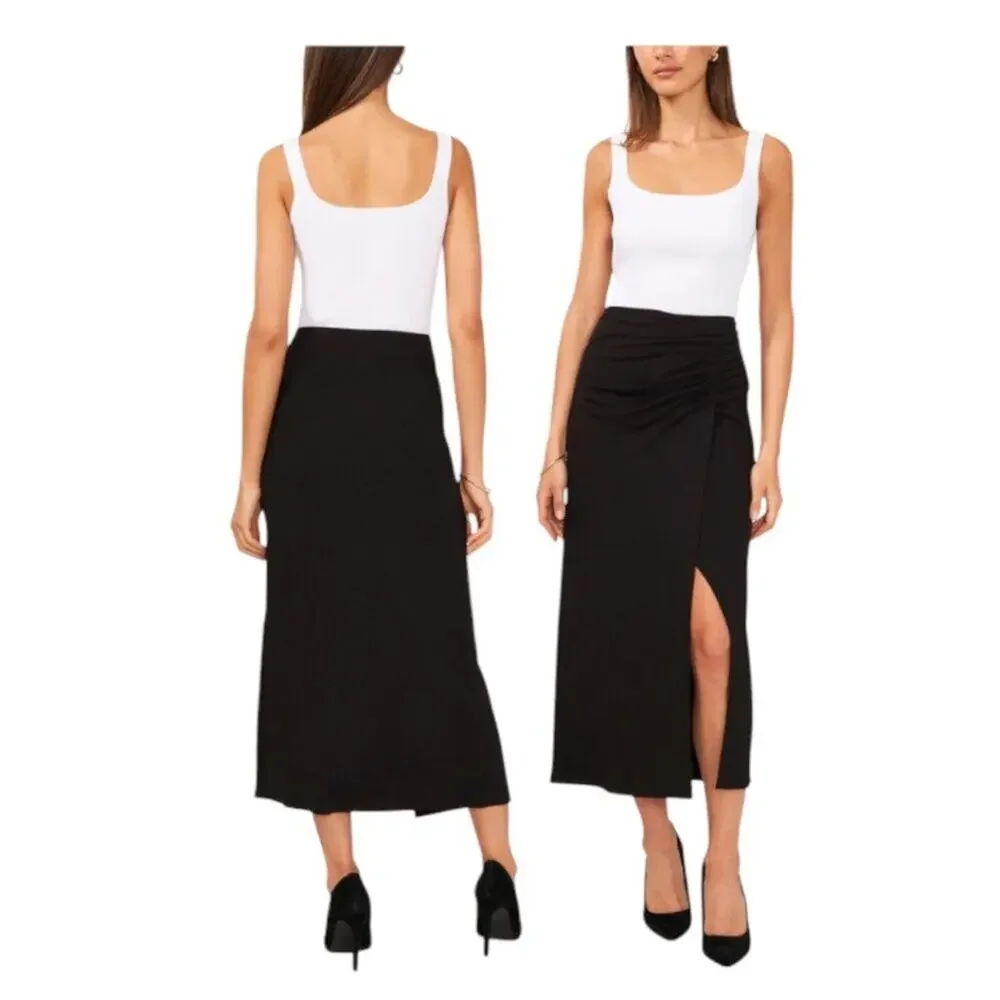 Halogen Ruched Jersey Midi Skirt Black Size XXS NWOT $34 MSRP